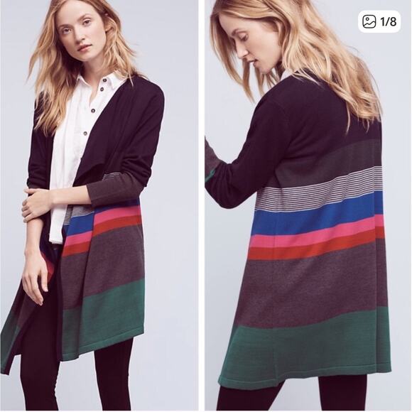 Anthropologie Lili’s Closet Striped Open Front Cardigan L Navy Multi Colorblock - Picture 2 of 7